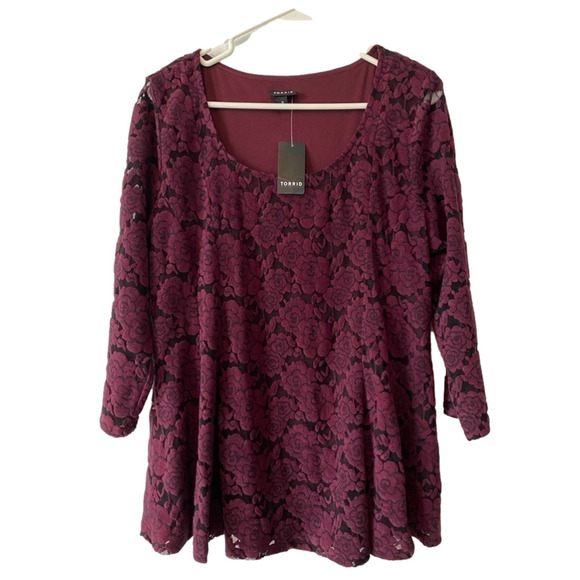 Torrid NWT Women's L Whimsigoth Romantic Velvet Rose Mesh Fit & Flare Wine Top - Picture 1 of 9